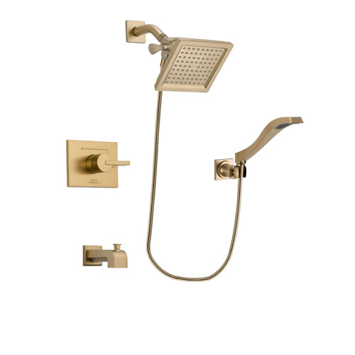 Delta Vero Champagne Bronze Finish Tub and Shower Faucet System Package with 6.5-inch Square Rain Showerhead and Modern Wall Mount Handheld Shower Spray Includes Rough-in Valve and Tub Spout DSP3855V