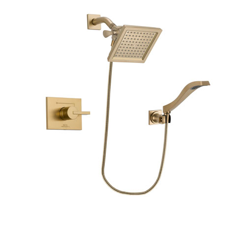 Delta Vero Champagne Bronze Finish Shower Faucet System Package with 6.5-inch Square Rain Showerhead and Modern Wall Mount Handheld Shower Spray Includes Rough-in Valve DSP3856V