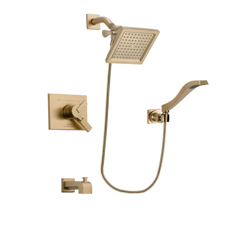 Delta Vero Champagne Bronze Finish Dual Control Tub and Shower Faucet System Package with 6.5-inch Square Rain Showerhead and Modern Wall Mount Handheld Shower Spray Includes Rough-in Valve and Tub Spout DSP3859V