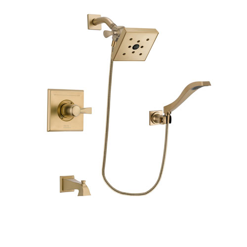 Delta Dryden Champagne Bronze Finish Tub and Shower Faucet System Package with Square Shower Head and Modern Wall Mount Handheld Shower Spray Includes Rough-in Valve and Tub Spout DSP3865V