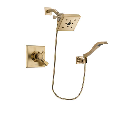 Delta Dryden Champagne Bronze Finish Dual Control Shower Faucet System Package with Square Shower Head and Modern Wall Mount Handheld Shower Spray Includes Rough-in Valve DSP3870V