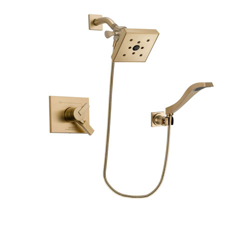 Delta Vero Champagne Bronze Finish Dual Control Shower Faucet System Package with Square Shower Head and Modern Wall Mount Handheld Shower Spray Includes Rough-in Valve DSP3872V