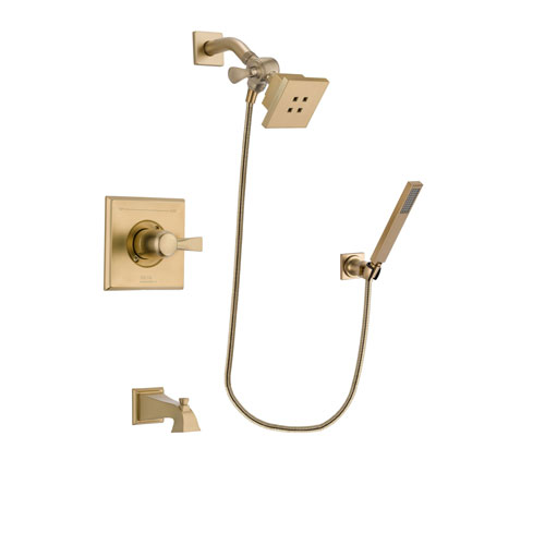 Delta Dryden Champagne Bronze Finish Tub and Shower Faucet System Package with Square Showerhead and Modern Wall-Mount Handheld Shower Stick Includes Rough-in Valve and Tub Spout DSP3877V