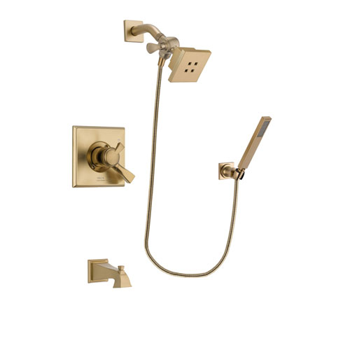 Delta Dryden Champagne Bronze Finish Dual Control Tub and Shower Faucet System Package with Square Showerhead and Modern Wall-Mount Handheld Shower Stick Includes Rough-in Valve and Tub Spout DSP3881V