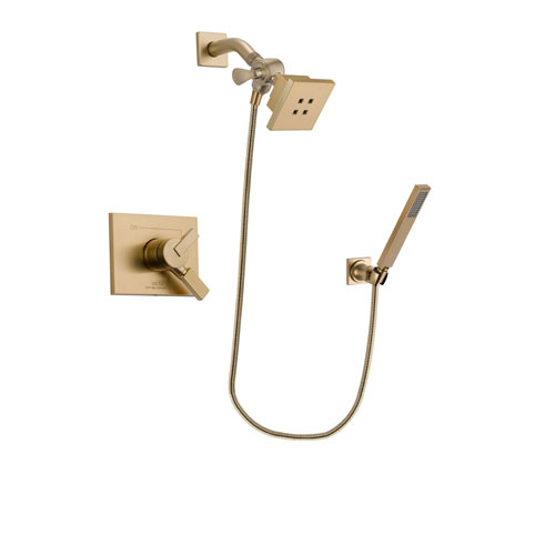 Delta Vero Champagne Bronze Finish Dual Control Shower Faucet System Package with Square Showerhead and Modern Wall-Mount Handheld Shower Stick Includes Rough-in Valve DSP3884V