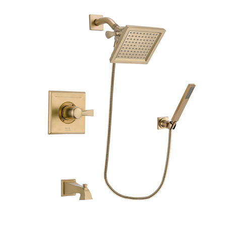 Delta Dryden Champagne Bronze Finish Tub and Shower Faucet System Package with 6.5-inch Square Rain Showerhead and Modern Wall-Mount Handheld Shower Stick Includes Rough-in Valve and Tub Spout DSP3889V