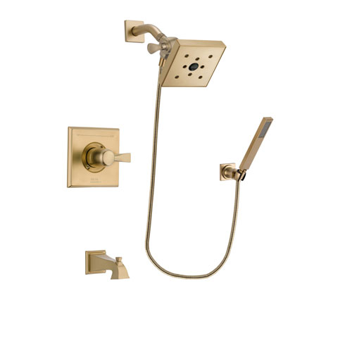 Delta Dryden Champagne Bronze Finish Tub and Shower Faucet System Package with Square Shower Head and Modern Wall-Mount Handheld Shower Stick Includes Rough-in Valve and Tub Spout DSP3901V
