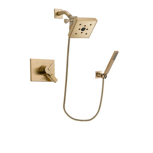 Delta Vero Champagne Bronze Finish Dual Control Shower Faucet System Package with Square Shower Head and Modern Wall-Mount Handheld Shower Stick Includes Rough-in Valve DSP3908V