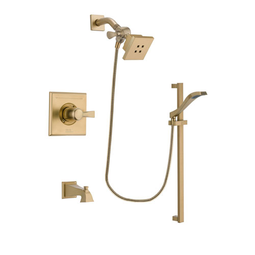 Delta Dryden Champagne Bronze Finish Tub and Shower Faucet System Package with Square Showerhead and Modern Handheld Shower Spray with Slide Bar Includes Rough-in Valve and Tub Spout DSP3913V