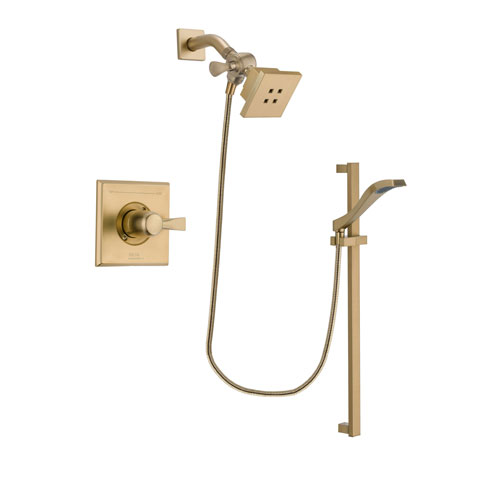 Delta Dryden Champagne Bronze Finish Shower Faucet System Package with Square Showerhead and Modern Handheld Shower Spray with Slide Bar Includes Rough-in Valve DSP3914V
