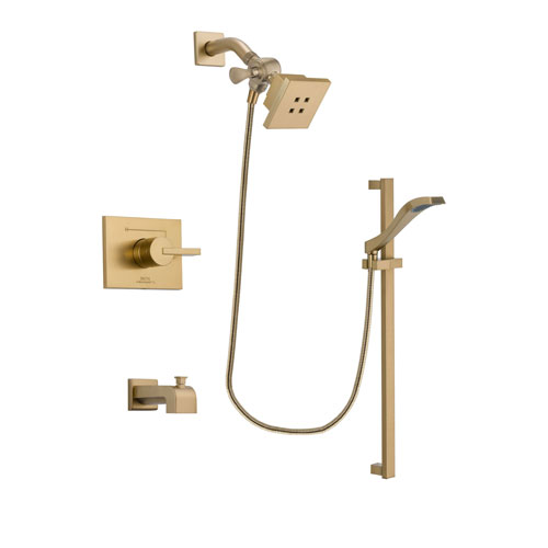 Delta Vero Champagne Bronze Finish Tub and Shower Faucet System Package with Square Showerhead and Modern Handheld Shower Spray with Slide Bar Includes Rough-in Valve and Tub Spout DSP3915V