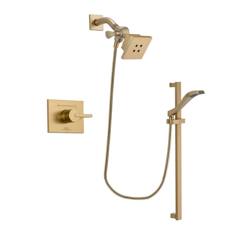 Delta Vero Champagne Bronze Finish Shower Faucet System Package with Square Showerhead and Modern Handheld Shower Spray with Slide Bar Includes Rough-in Valve DSP3916V
