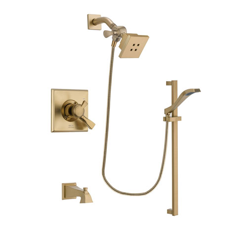 Delta Dryden Champagne Bronze Finish Dual Control Tub and Shower Faucet System Package with Square Showerhead and Modern Handheld Shower Spray with Slide Bar Includes Rough-in Valve and Tub Spout DSP3917V