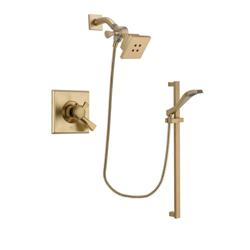 Delta Dryden Champagne Bronze Finish Dual Control Shower Faucet System Package with Square Showerhead and Modern Handheld Shower Spray with Slide Bar Includes Rough-in Valve DSP3918V