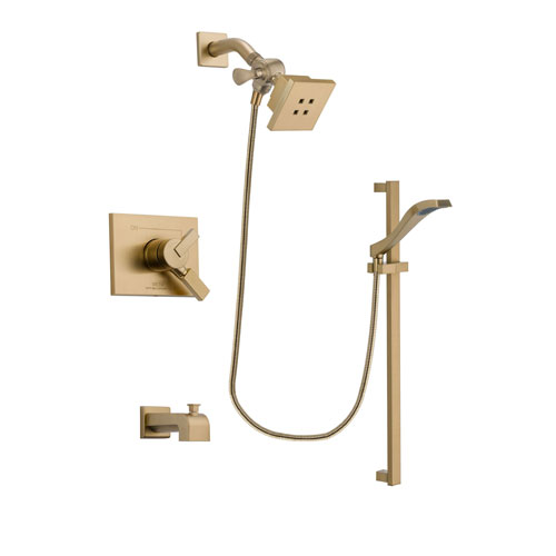 Delta Vero Champagne Bronze Finish Dual Control Tub and Shower Faucet System Package with Square Showerhead and Modern Handheld Shower Spray with Slide Bar Includes Rough-in Valve and Tub Spout DSP3919V