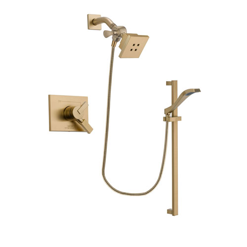 Delta Vero Champagne Bronze Finish Dual Control Shower Faucet System Package with Square Showerhead and Modern Handheld Shower Spray with Slide Bar Includes Rough-in Valve DSP3920V