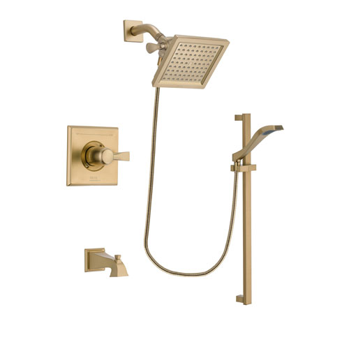 Delta Dryden Champagne Bronze Finish Tub and Shower Faucet System Package with 6.5-inch Square Rain Showerhead and Modern Handheld Shower Spray with Slide Bar Includes Rough-in Valve and Tub Spout DSP3925V