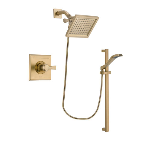 Delta Dryden Champagne Bronze Finish Shower Faucet System Package with 6.5-inch Square Rain Showerhead and Modern Handheld Shower Spray with Slide Bar Includes Rough-in Valve DSP3926V