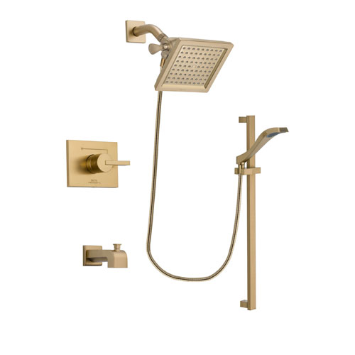 Delta Vero Champagne Bronze Finish Tub and Shower Faucet System Package with 6.5-inch Square Rain Showerhead and Modern Handheld Shower Spray with Slide Bar Includes Rough-in Valve and Tub Spout DSP3927V