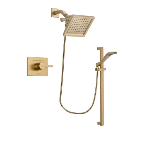 Delta Vero Champagne Bronze Finish Shower Faucet System Package with 6.5-inch Square Rain Showerhead and Modern Handheld Shower Spray with Slide Bar Includes Rough-in Valve DSP3928V