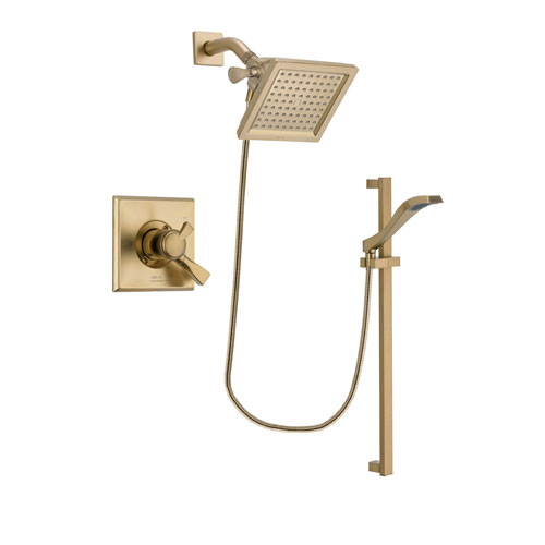 Delta Dryden Champagne Bronze Finish Dual Control Shower Faucet System Package with 6.5-inch Square Rain Showerhead and Modern Handheld Shower Spray with Slide Bar Includes Rough-in Valve DSP3930V