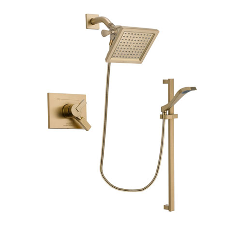 Delta Vero Champagne Bronze Finish Dual Control Shower Faucet System Package with 6.5-inch Square Rain Showerhead and Modern Handheld Shower Spray with Slide Bar Includes Rough-in Valve DSP3932V