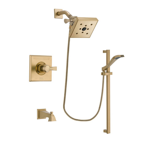 Delta Dryden Champagne Bronze Finish Tub and Shower Faucet System Package with Square Shower Head and Modern Handheld Shower Spray with Slide Bar Includes Rough-in Valve and Tub Spout DSP3937V