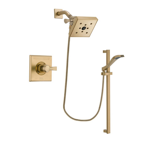 Delta Dryden Champagne Bronze Finish Shower Faucet System Package with Square Shower Head and Modern Handheld Shower Spray with Slide Bar Includes Rough-in Valve DSP3938V