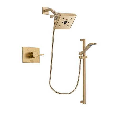 Delta Vero Champagne Bronze Finish Shower Faucet System Package with Square Shower Head and Modern Handheld Shower Spray with Slide Bar Includes Rough-in Valve DSP3940V