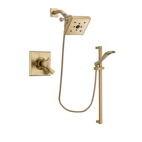 Delta Dryden Champagne Bronze Finish Dual Control Shower Faucet System Package with Square Shower Head and Modern Handheld Shower Spray with Slide Bar Includes Rough-in Valve DSP3942V