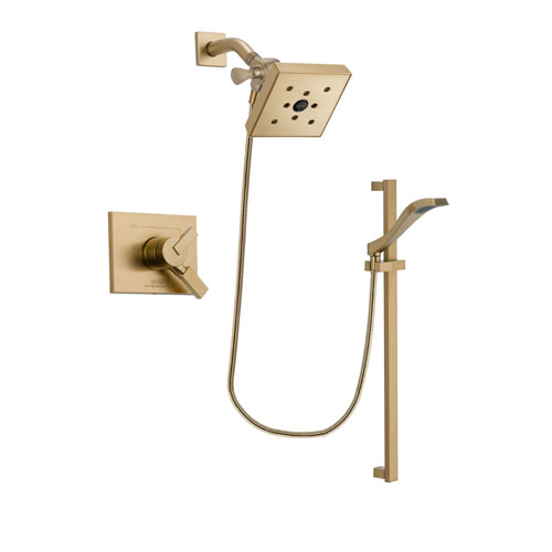 Delta Vero Champagne Bronze Finish Dual Control Shower Faucet System Package with Square Shower Head and Modern Handheld Shower Spray with Slide Bar Includes Rough-in Valve DSP3944V