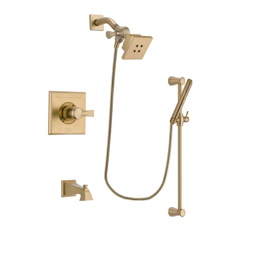 Delta Dryden Champagne Bronze Finish Tub and Shower Faucet System Package with Square Showerhead and Modern Handheld Shower with Slide Bar Includes Rough-in Valve and Tub Spout DSP3949V