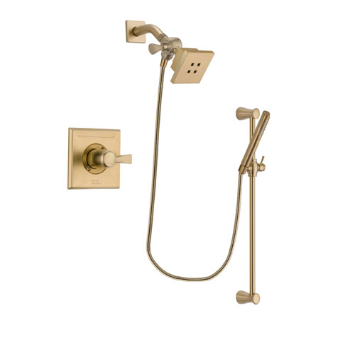 Delta Dryden Champagne Bronze Finish Shower Faucet System Package with Square Showerhead and Modern Handheld Shower with Slide Bar Includes Rough-in Valve DSP3950V