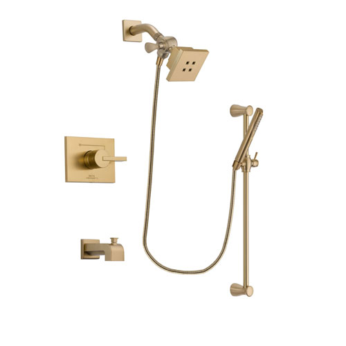 Delta Vero Champagne Bronze Finish Tub and Shower Faucet System Package with Square Showerhead and Modern Handheld Shower with Slide Bar Includes Rough-in Valve and Tub Spout DSP3951V