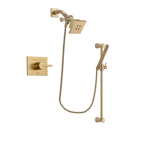 Delta Vero Champagne Bronze Finish Shower Faucet System Package with Square Showerhead and Modern Handheld Shower with Slide Bar Includes Rough-in Valve DSP3952V