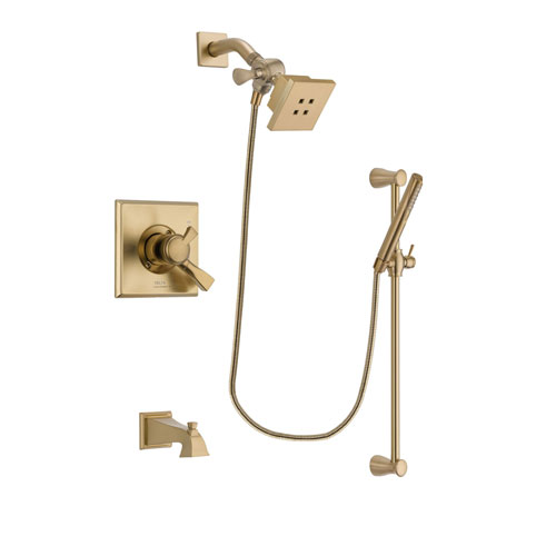 Delta Dryden Champagne Bronze Finish Dual Control Tub and Shower Faucet System Package with Square Showerhead and Modern Handheld Shower with Slide Bar Includes Rough-in Valve and Tub Spout DSP3953V