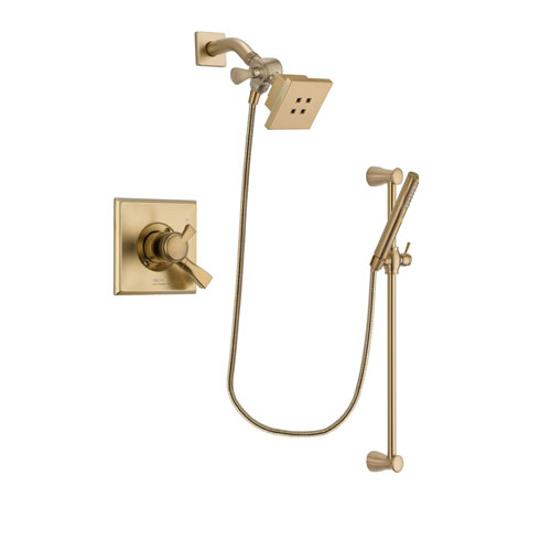Delta Dryden Champagne Bronze Finish Dual Control Shower Faucet System Package with Square Showerhead and Modern Handheld Shower with Slide Bar Includes Rough-in Valve DSP3954V