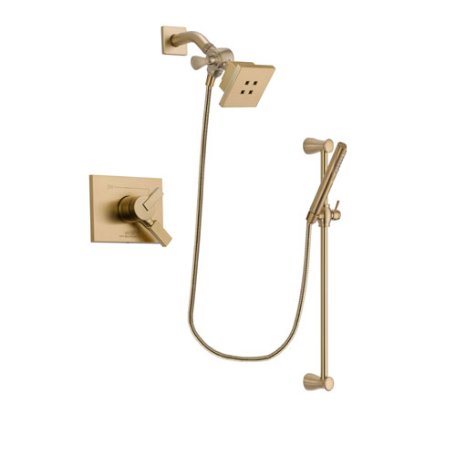 Delta Vero Champagne Bronze Finish Dual Control Shower Faucet System Package with Square Showerhead and Modern Handheld Shower with Slide Bar Includes Rough-in Valve DSP3956V