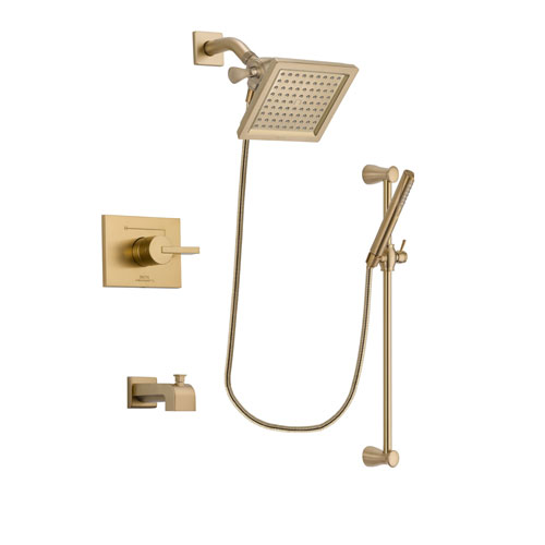 Delta Vero Champagne Bronze Finish Tub and Shower Faucet System Package with 6.5-inch Square Rain Showerhead and Modern Handheld Shower with Slide Bar Includes Rough-in Valve and Tub Spout DSP3963V