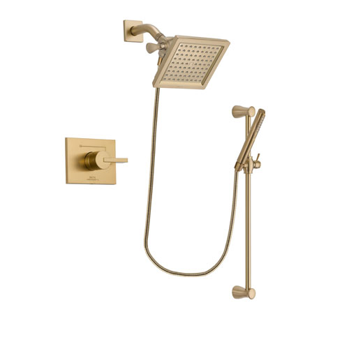 Delta Vero Champagne Bronze Finish Shower Faucet System Package with 6.5-inch Square Rain Showerhead and Modern Handheld Shower with Slide Bar Includes Rough-in Valve DSP3964V