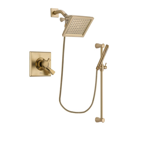 Delta Dryden Champagne Bronze Finish Dual Control Shower Faucet System Package with 6.5-inch Square Rain Showerhead and Modern Handheld Shower with Slide Bar Includes Rough-in Valve DSP3966V