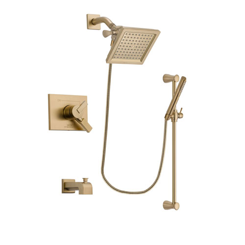 Delta Vero Champagne Bronze Finish Dual Control Tub and Shower Faucet System Package with 6.5-inch Square Rain Showerhead and Modern Handheld Shower with Slide Bar Includes Rough-in Valve and Tub Spout DSP3967V