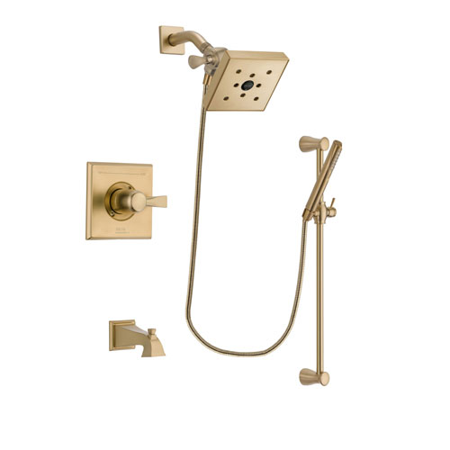 Delta Dryden Champagne Bronze Finish Tub and Shower Faucet System Package with Square Shower Head and Modern Handheld Shower with Slide Bar Includes Rough-in Valve and Tub Spout DSP3973V