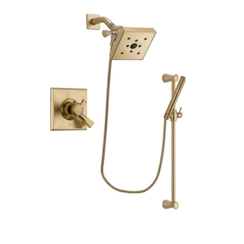 Delta Dryden Champagne Bronze Finish Dual Control Shower Faucet System Package with Square Shower Head and Modern Handheld Shower with Slide Bar Includes Rough-in Valve DSP3978V