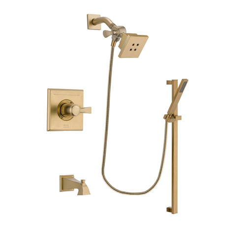Delta Dryden Champagne Bronze Finish Tub and Shower Faucet System Package with Square Showerhead and Modern Handheld Shower with Square Slide Bar Includes Rough-in Valve and Tub Spout DSP3985V
