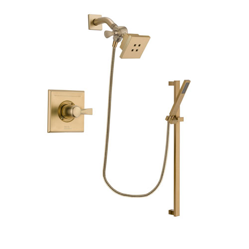Delta Dryden Champagne Bronze Finish Shower Faucet System Package with Square Showerhead and Modern Handheld Shower with Square Slide Bar Includes Rough-in Valve DSP3986V