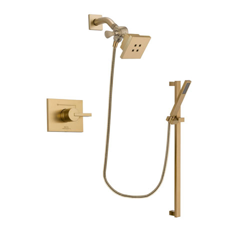 Delta Vero Champagne Bronze Finish Shower Faucet System Package with Square Showerhead and Modern Handheld Shower with Square Slide Bar Includes Rough-in Valve DSP3988V