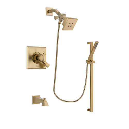 Delta Dryden Champagne Bronze Finish Dual Control Tub and Shower Faucet System Package with Square Showerhead and Modern Handheld Shower with Square Slide Bar Includes Rough-in Valve and Tub Spout DSP3989V