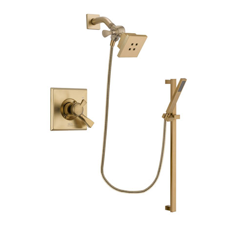 Delta Dryden Champagne Bronze Finish Dual Control Shower Faucet System Package with Square Showerhead and Modern Handheld Shower with Square Slide Bar Includes Rough-in Valve DSP3990V