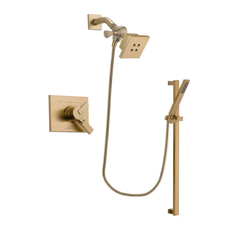 Delta Vero Champagne Bronze Finish Dual Control Shower Faucet System Package with Square Showerhead and Modern Handheld Shower with Square Slide Bar Includes Rough-in Valve DSP3992V